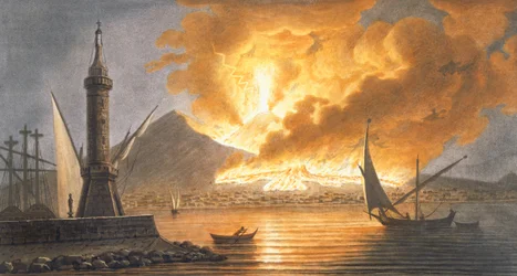 Vista da grande erupção do Vesúvio a partir do molhe de Nápoles na noite de 20 de outubro de 1767, prancha 6 de «Campi Phlegraei: Observações sobre os vulcões das Duas Sicílias», por Sir William Hamilton